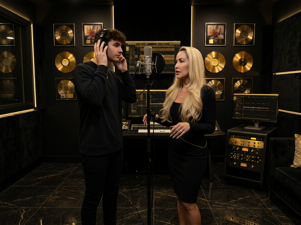 Aria Johnson coaching an artist at a microphone in the studio control room