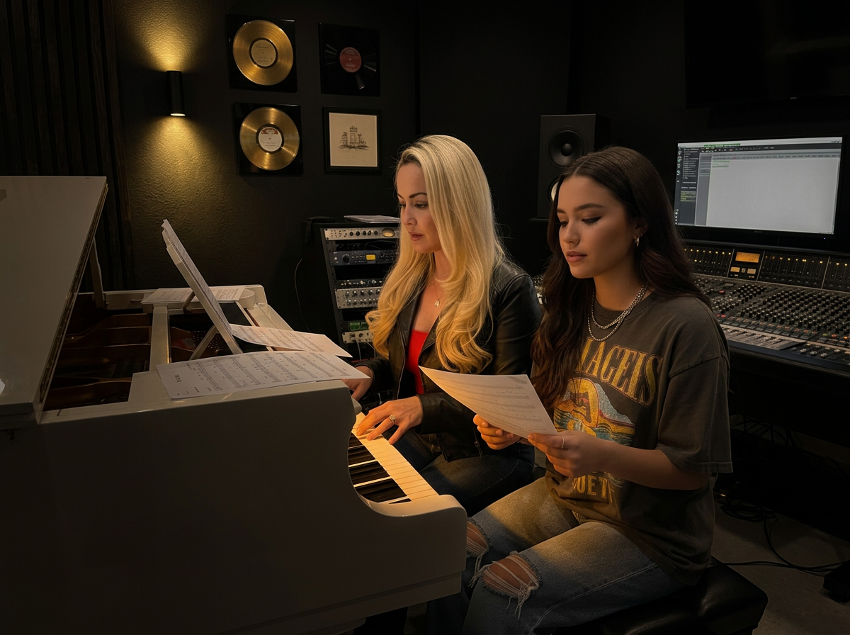 Aria Johnson writing at a white grand piano with a student reading a lyric sheet