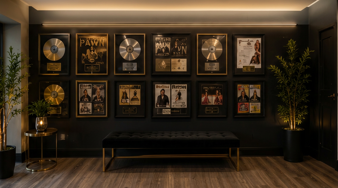 Gold records and press features on the studio awards wall