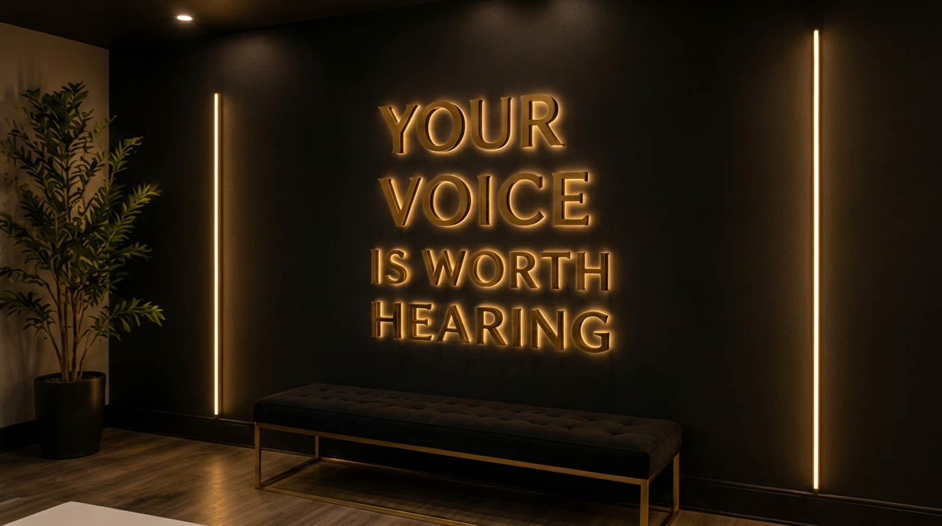 Illuminated 'Your voice is worth hearing' wall in the studio