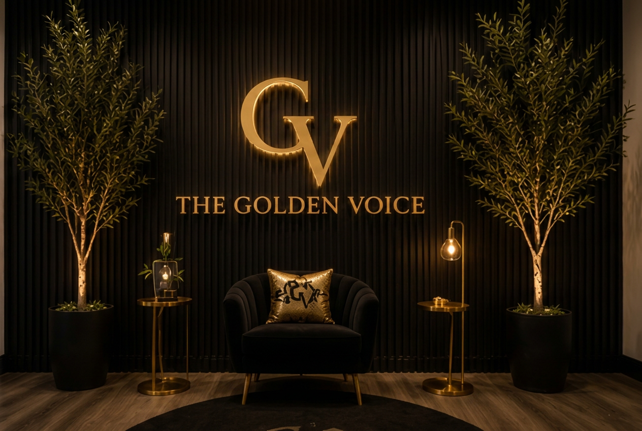The Golden Voice branded podcast and Zoom wall in the studio
