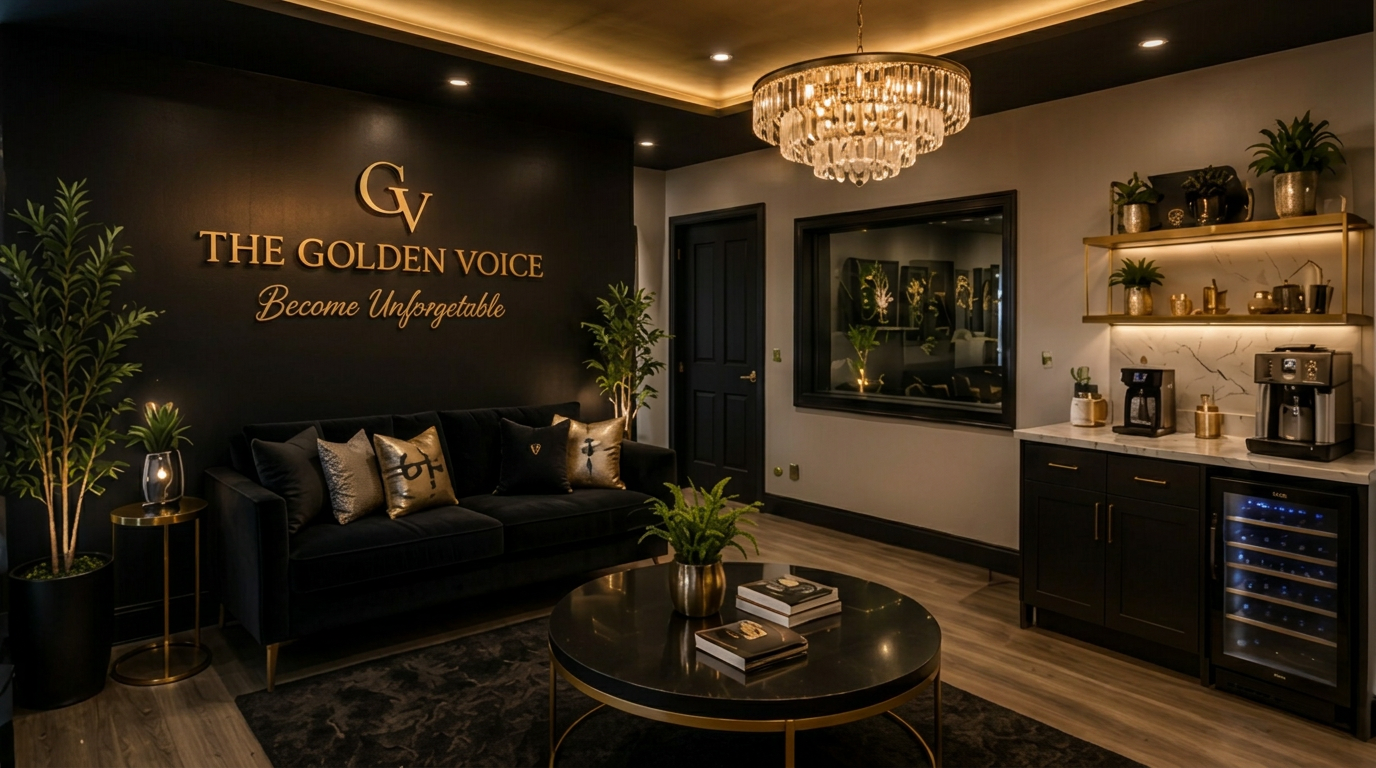 The Golden Voice waiting room with lounge seating and coffee bar